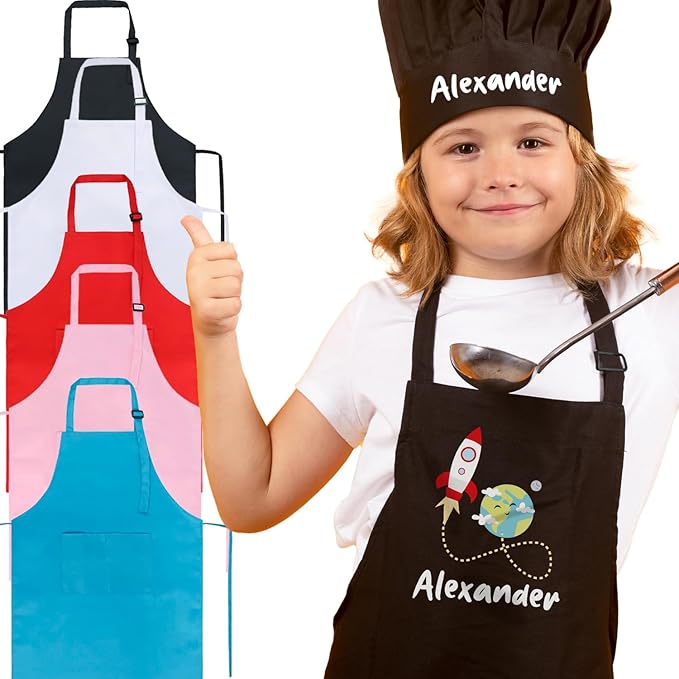Custom Name Kids Apron with Chef Hat, Waterproof Apron for Cooking, Baking, Art, Painting, Christmas 2025 Personalized Birthday Gift for Daughter,Son, Grandson, Granddaughter Gift from Grandma, Mom