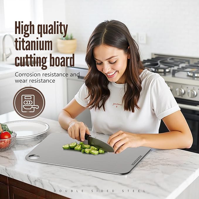 SHUWEICAO- 100% Pure Titanium Cutting Board for Kitchen, Cutting Edge Hygiene & Durability, Double Sided Medical Grade titanium cutting board for Meat Fruit & Vegetable, Easy to Store(11.4 * 7.87in)