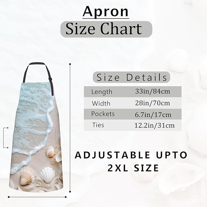 Ocean Waves Seashell Apron,Oxford Fabric Adjustable Kitchen Apron with 2 Pockets,Waterproof Cooking Aprons for Men Women Mom Wife Dad,Ideal Gifts for Coffee House,Shop,Baking,BBQ,28x33in