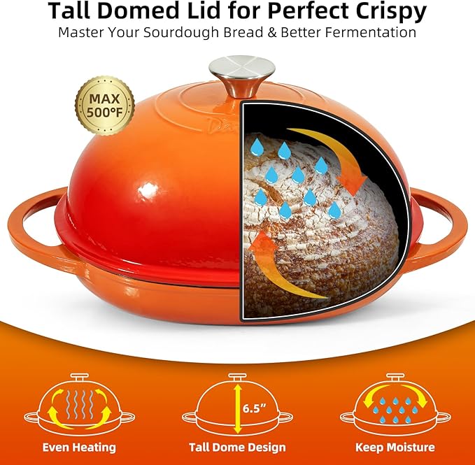 Davivy 6QT Oval Bread Oven with Domed Lid, Enameled Oval Dutch Oven Pot for Sourdough Bread Baking 6QT, Non-stick Cast Iron Sourdough Pan Bread Cloche with Lid - Flame Orange