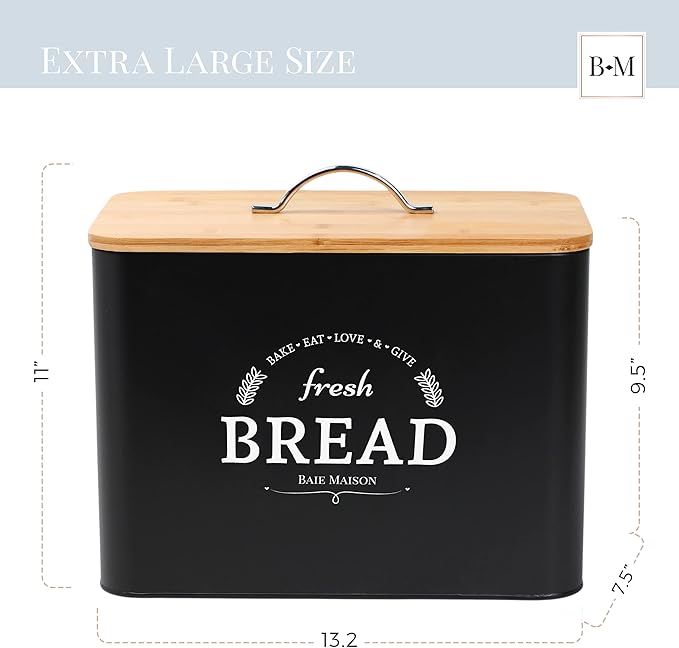 Extra Large Black Farmhouse Bread Box for Kitchen Countertop - Breadbox Holder Fits 2+ Loaves - Bread Storage Container Bin - Rustic Bread Keeper Vintage Metal Kitchen Decor (Black with Wood Lid)