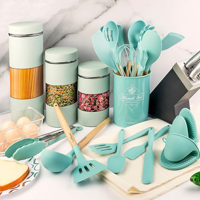 LeMuna Cooking Utensils Set, 18pcs Kitchen Silicone Utensils, Heat Resistant Non Toxic & BPA-Free with Holder & Wooden Handle, Home Essential Accessories, Teal(Turquoise)