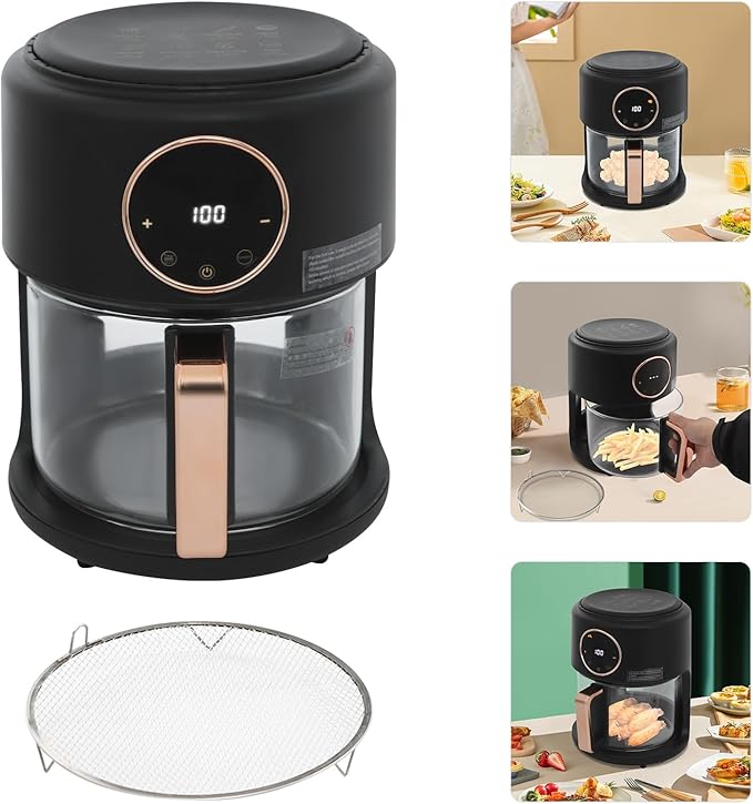 1200W Glass Air Fryer, 360° Viewable Airy Fryer, Small Glass Air Fryer 8 Preset Modes, Transparent Fry Bowl for Best Cooking Results, Cook Shrimp, Steak, Fries, Wings