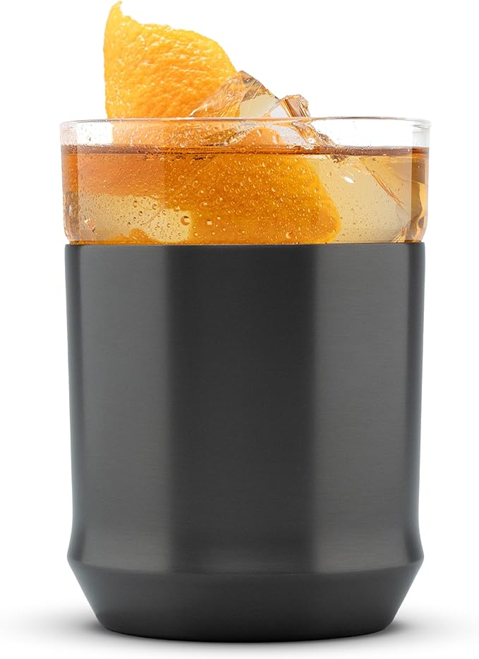 Elevated Craft Hybrid Cocktail Glass Premium Vacuum Insulated Steel Base with Removable Insert - 12oz Rocks Glass, Double Old Fashioned Lowball for Bourbon, Whiskey - Gunmetal Black