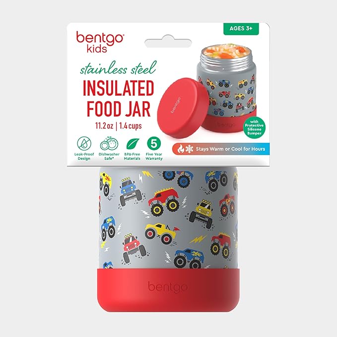 Bentgo Kids Stainless Steel Food Jar - 11oz Leak-Proof Double Insulated Hot or Cold Food Container with Removable Silicone Bumper, Dishwasher Safe, Easy Open Lid, Ages 3+ (Trucks)