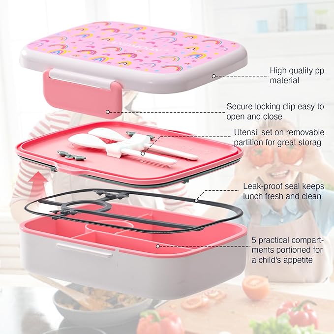 Bento Box for Kids Lunch Box Leak-Proof, Bento Lunch Box with 5 Compartments, Lunch Containers with 3 Silicone Baking Cups, Microwave/Dishwasher Safe (43OZ) (Pink)