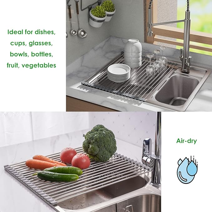 Tomorotec Roll Up Dish Drying Rack Over The Sink Grey Large Dish Drying Rack Rolling Foldable Collapsible SUS304 Stainless Steel Multipurpose Dish Drainer for Kitchen Counter (17.8”x15.7”)