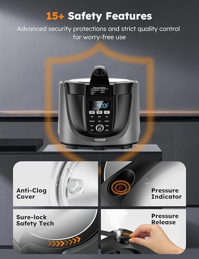 Nuwave Duet Air Fryer, Electric Pressure Cooker & Grill Combo, 540 IN 1 Multicooker with 3 Removable Lids, Slow Cook, Sautés, Dehydrator, 18/10 SS Pot, Sure-Lock Safety Tech & 13 Deluxe Accessories