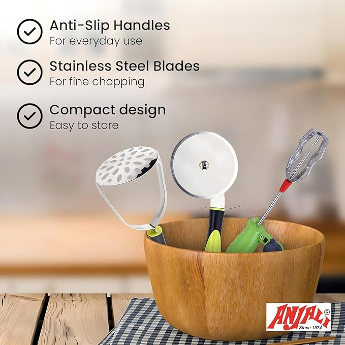 Anjali 8-Piece Olive Kitchen Tool Set – Stainless Steel Strainer, Cheese Grater, Pizza Cutter, Peeler, Potato Masher, 9.3" Veg Laser Knife, 7.9" Tomato Knife & Manual Hand Blender