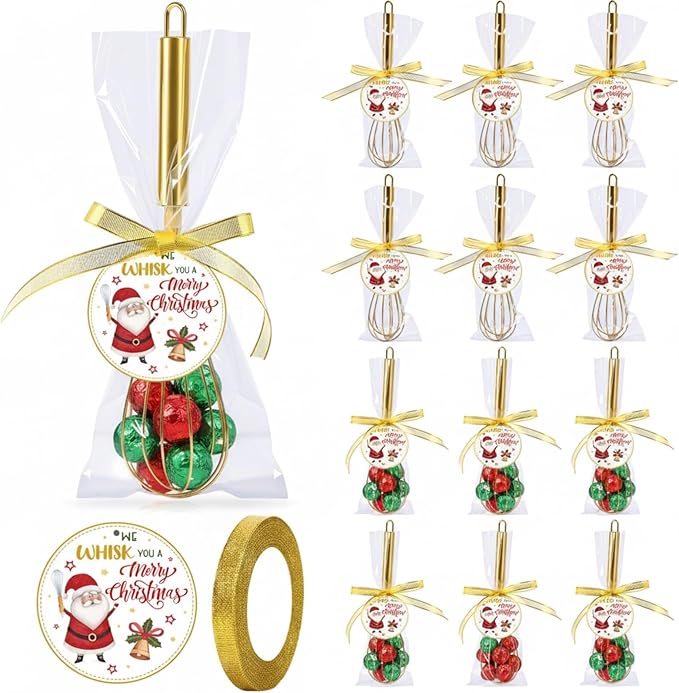 24 Sets 12 Inch Christmas Whisk Gifts Bulk Include Gold Stainless Steel Whisks Cards Bags Ribbons, Egg Beaters DIY Cooking Party Favors for Neighbor Employee Xmas Stocking Stuffers Idea