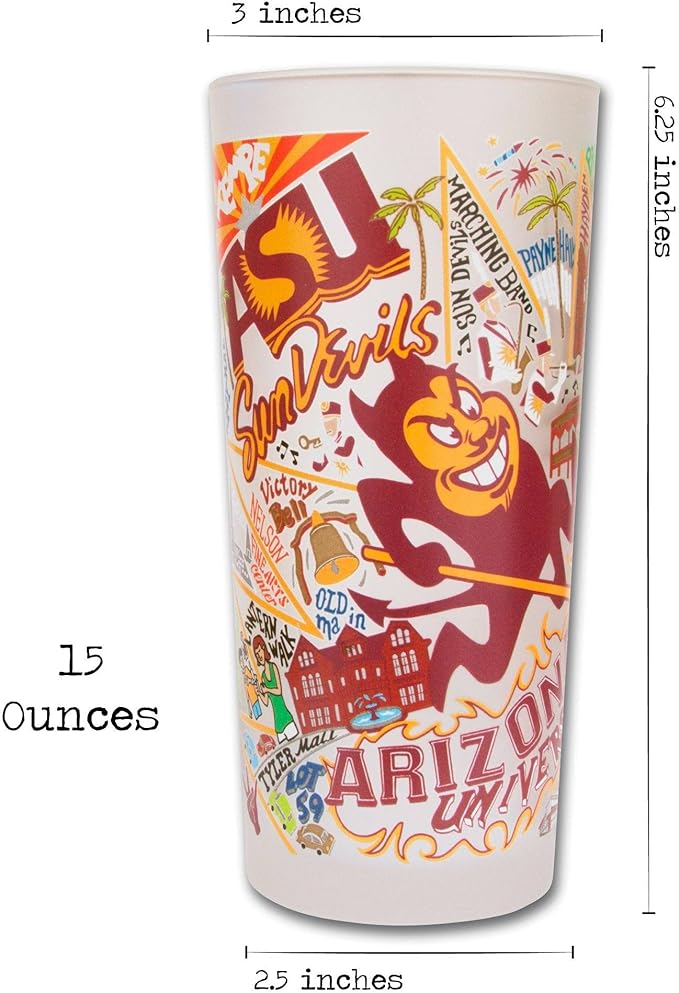 Catstudio Drinking Glass, Arizona State University Glass Cup for Kitchen, 15oz Dishwasher Safe Tumbler for ASU Alumni