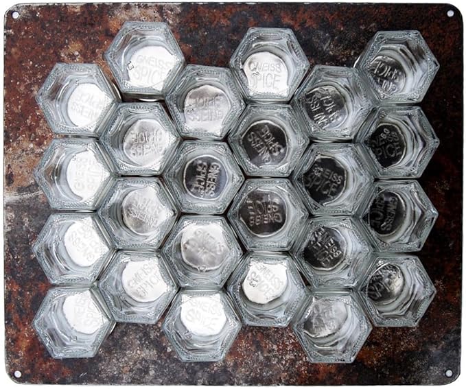 Gneiss Spice DIY Wall Hanging Magnetic Spice Rack (24 Small Jars, Silver Lids, 10x12 Rustic Plate)