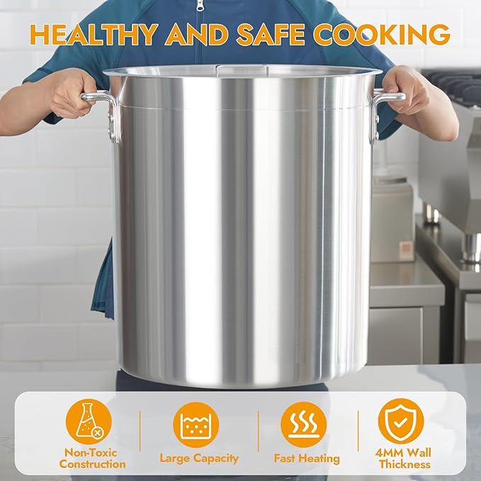 CURTA 60 Quarts Aluminum Stock Pot with Lid, Heavy Duty Commercial Grade Large Capacity Cooking Pot for Boiling, Stewing, Great for Kitchen, Restaurant, Catering, and Home Use,NSF certified