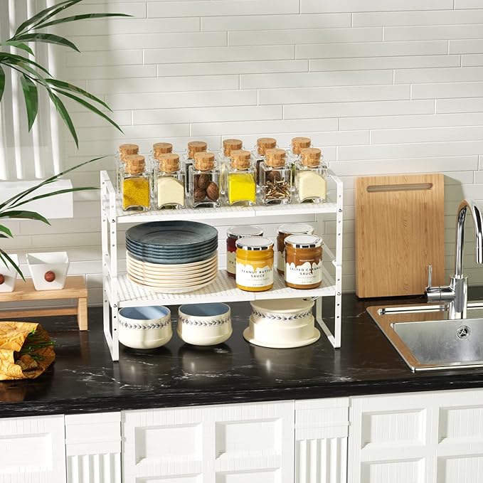 Cabinet Organizer Shelves,Expandable Spice Racks,Stackable Countertop for Organizer Pantry Counter Under Sink,Adjustable Storage Shelf Racks for Kitchen Home Office,White,3 Packs
