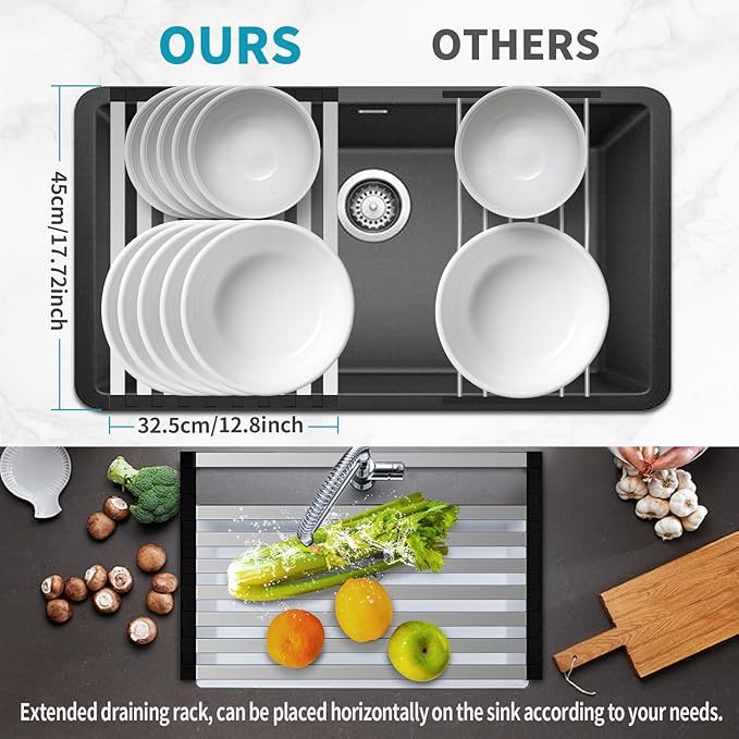 17.7" x 12.8" Roll-Up Dish Drying Rack Over Sink - Kitchen Sink Cover and Organizer Gadget with Foldable Stainless Steel Drainer and Sink Mat, Silver Dish Rack - Small