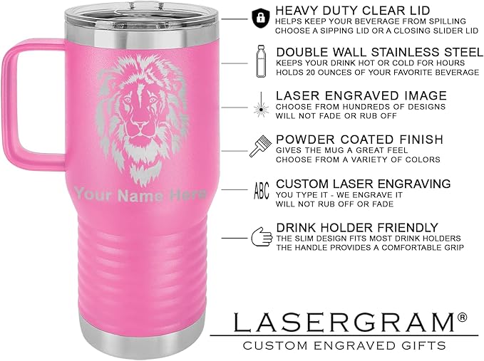 LaserGram 20oz Vacuum Insulated Travel Mug with Handle, Tiki Statue, Personalized Engraving Included (Pink)