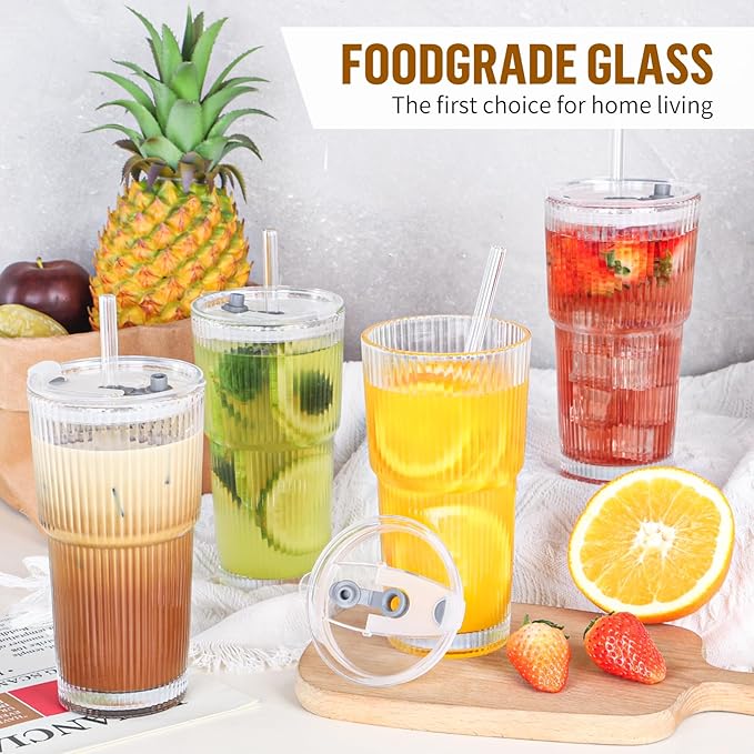 20 oz Glass Cups with Lid and Straw 4 Set, Glass Tumbler with Straw and Lid, Vintage Glassware for Whiskey Cocktail Beer, Iced Coffee Cups with Lid (4 PACK)