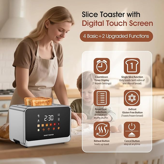 Toaster Touch Screen Toaster 2 Slice with LCD Display Stainless Steel Digital Timer Toasters 6 Bread Types& 6 Shade Settings Smart Extra Wide Slots Tostadora With Bagel Cancel,Defrost Functions