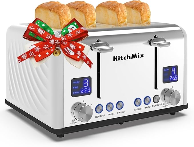 Toaster 4 Slice, KitchMix Bagel Stainless Toaster with LCD Timer, Extra Wide Slots, Dual Screen, Removal Crumb Tray (White)