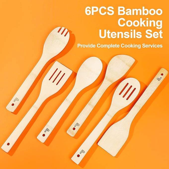Wooden Spoons for Cooking 6 Piece - Wooden Cooking Utensil Set Nonstick Bamboo Cooking Spoons & Spatula Premium Kitchen Utensils Set Christmas Housewarming Gifts