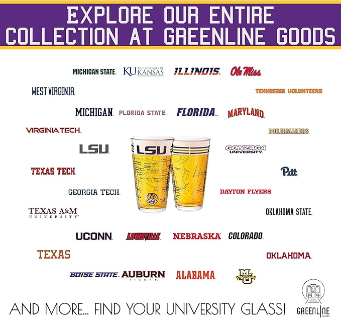 Greenline Goods – University of LSU Tigers College Pint Beer Glasses (Set of 2), 16 oz – Full-Color Logo + Campus Map