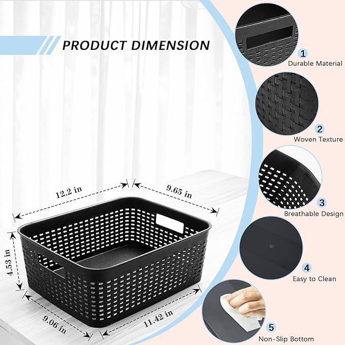 Soddeph Plastic Storage Baskets for Cabinets, Household Pantry Organization with Handle,Organizer Bins for Room,Bathrooms,Under-Sink,Kitchen (Black, M-3PACK)