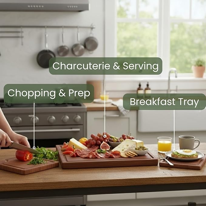 STORE INDYA 3-Piece Wooden Cutting Board Set with Juice Grooves | Premium Acacia Wood Chopping Boards with Built-in Handles for Kitchen Prep | Eco Friendly Multi Size Cutting Boards