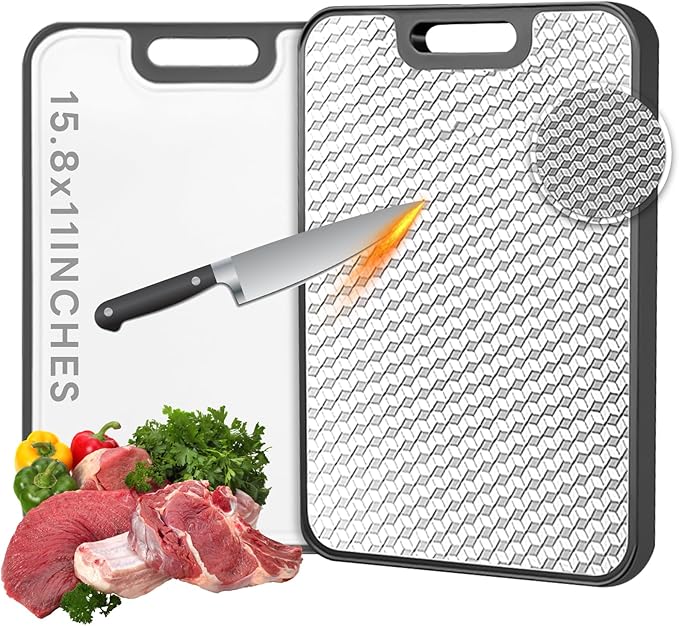Stainless Steel Cutting Boards, Double Sided Cutting Board for Kitchen, Wheat Straw and Stain Steel Chopping Board for Meat ＆ Veggies, Scratch Resistant Mesh Design, Dishwasher Safe-15.8 * 11 Inch