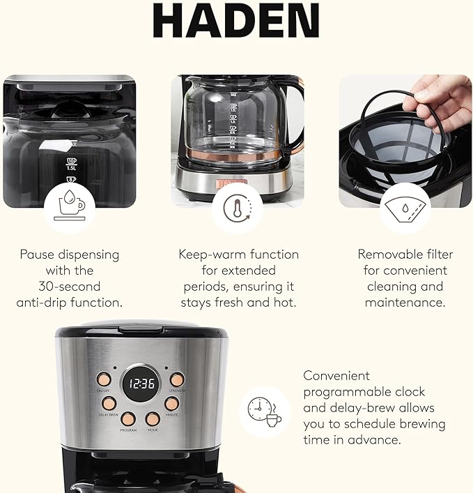 Haden Coffee Machine, 12 Cup Programmable Drip Coffee Maker with Auto Shut-Off Function and Reusable Washable Water Filter, Steel & Copper