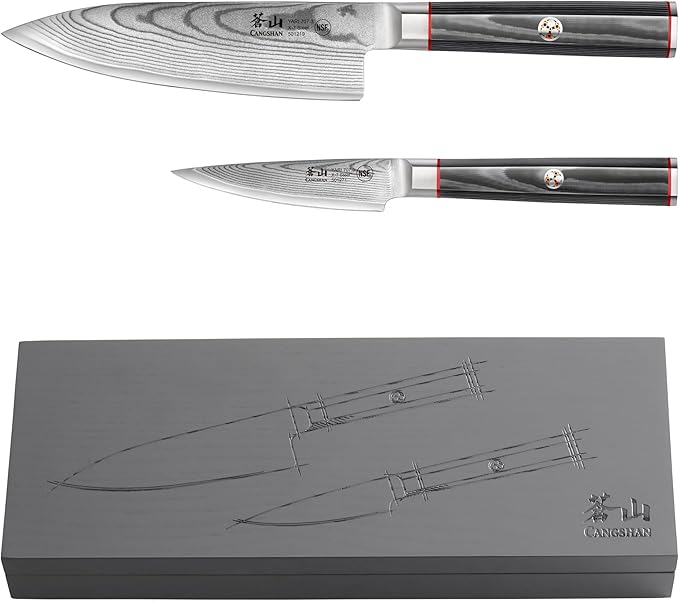 Cangshan YARI Series X-7 Damascus Steel Starter Knife Set With Ash Wood Box (2-Piece)