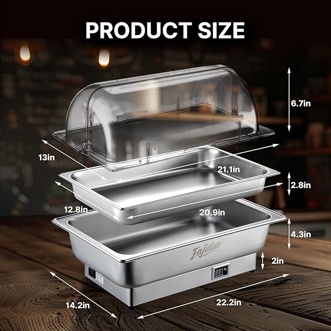 Electric Chafing Dish, 9QT Full Size Electric Chafing Dish Buffet, Adjustable Temp Roll Top Food Warmer, 600W Chafing Dish Buffet Set for Catering Parties