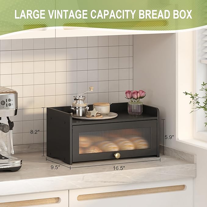 Vintage Bread Box for Kitchen Countertop Large Farmhouse Bread Storage Container under Cabinet Mount Bamboo Breadbox Organizer with Window for Homemade Bread (Black)