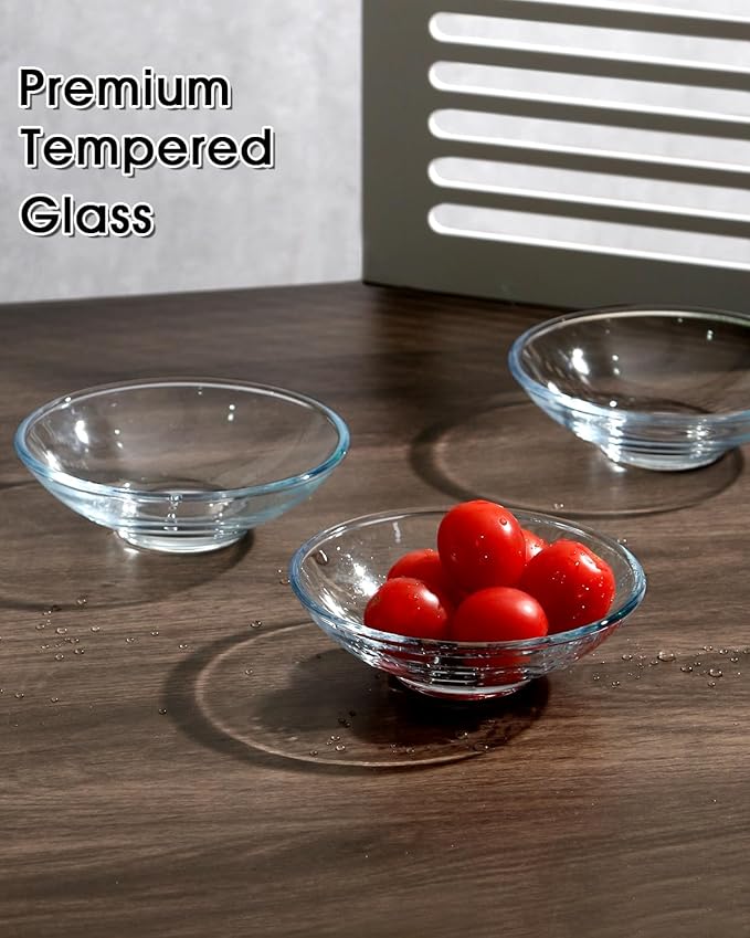 NUTRIUPS 3 Pack 5 inch Tempered Glass Snack Dishes, 5oz Small Dip Bowls, Small Candy Dishes, Mini Prep Bowls