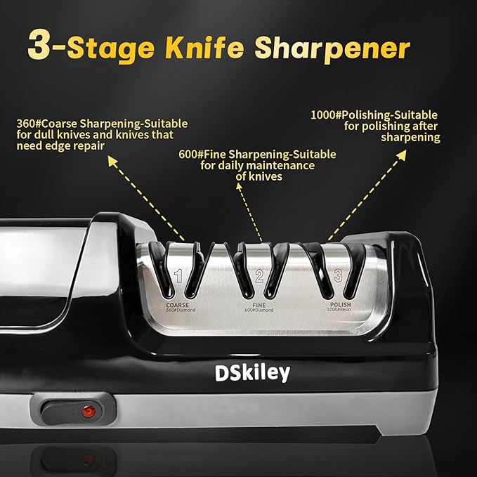 Electric Knife Sharpener for Kitchen – Professional 3-Stage 100% Diamond System with 20° Precision Angle, Fast Sharpening to Restore & Polish Chef Knives(Black)