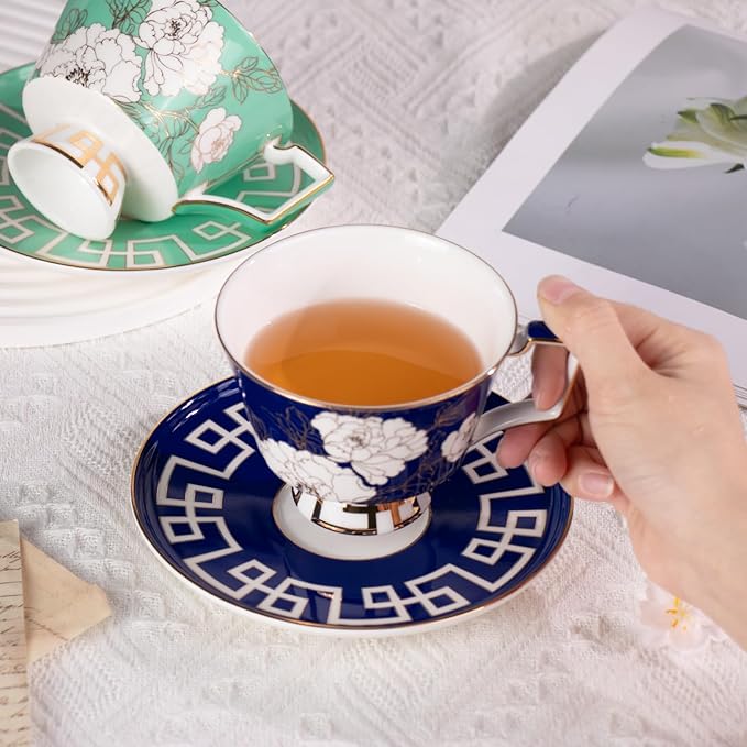 KAMMAK Ceramic Coffee Cups Saucers Set of 2, Porcelain Espresso Cups with Saucers, 8.12 oz Handcrafted Elegant Bone China Tea Cups, Peony Flower Pattern Teacup for Party, Office, Women Gift