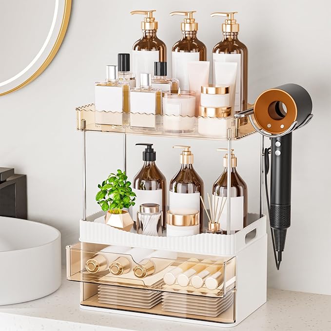 Shower Organizer, 2-Tier Bathroom Counter Organizer with 2 Drawers, Large Capacity Storage for Skincare Makeup Cosmetic Perfume Hairdryer, Bathroom Decor, Shower Accessories (Amber)