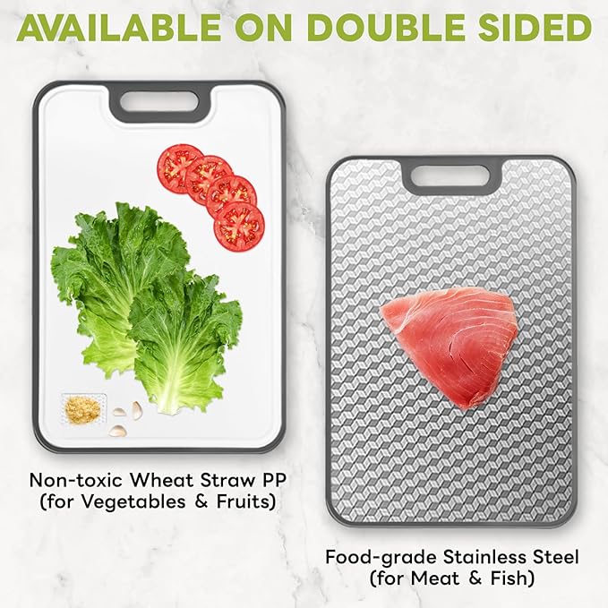 Stainless Steel Cutting Boards, Double Sided Cutting Board for Kitchen, Wheat Straw and Stain Steel Chopping Board for Meat ＆ Veggies, Scratch Resistant Mesh Design, Dishwasher Safe-15.8 * 11 Inch