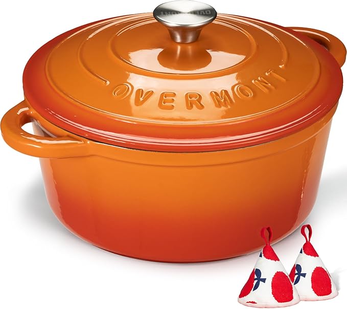 Overmont Refined Enameled Cast Iron Dutch Oven - 5.5QT Pot with Wide Handles Lid Cookbook & Cotton Potholders - Heavy-Duty Pre-Seasoned Cookware Oven Safe to 500°F for Braising, Stews, Roasting, Bread Baking