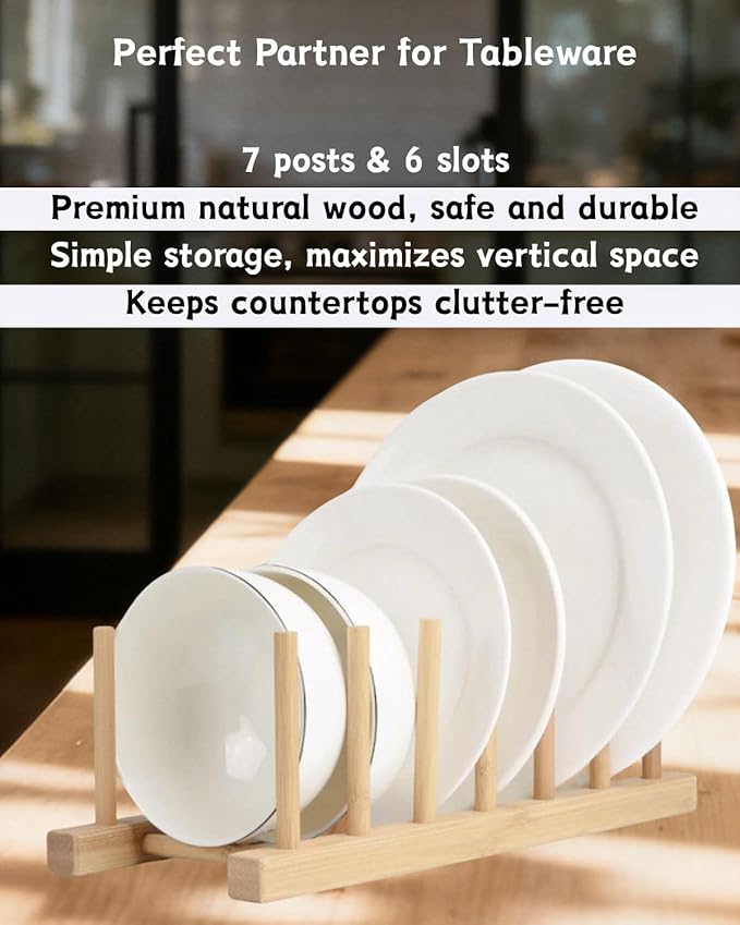 Wooden Dish Drying Rack with Stone Drying Mat for Kitchen Counter-Plate Organizer for Cabinet and Utensil, Cutting Board, Pot Lid Storage