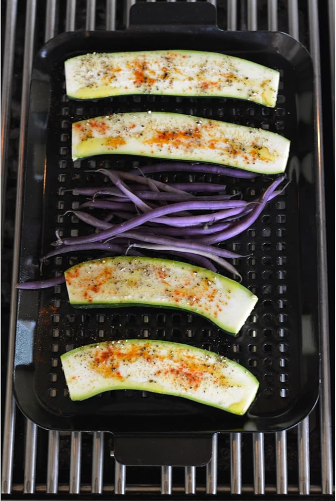 RSVP International Porcelain Coated Steel BBQ Grill Tray/Pan, Outdoor Barbeque Grilling Accessories for Cooking Fish & Vegetables, Dishwasher Safe, Medium, 16.75x10