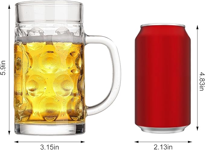 Freezer Beer Mugs, 20 oz Large Heavy Glass Mugs with Handles Set of 2, Clear Large Beer Steins for Tea, Coffee, Lead-Free Glasses Oktoberfest Style, Best Gifts for Dad Husband or Friend