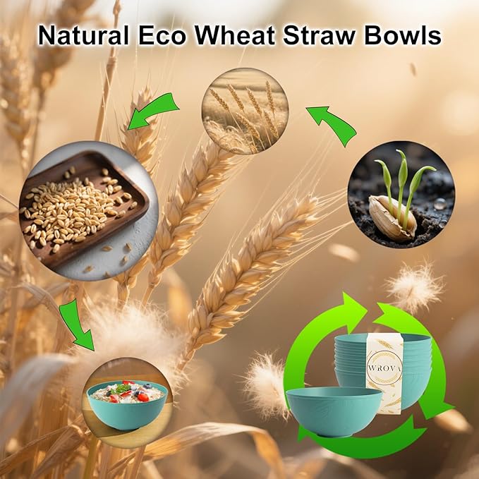 Wrova Wheat Straw Bowls for Kitchen set of 6,Anti-Scald Thick Soup Bowls 40oz,Microwave and Dishwasher Safe Bowl set easy to clean. Green