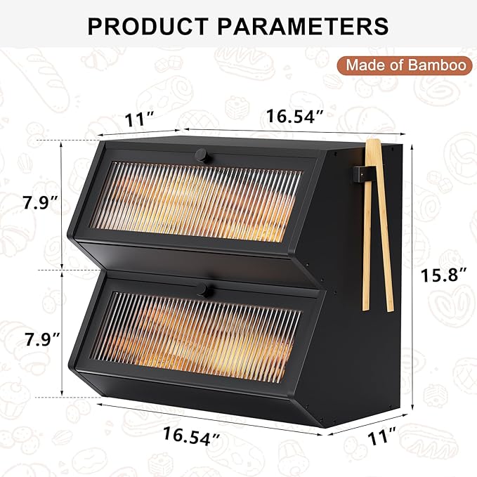 WOWLIVE Double Layer Bread Box for Kitchen Countertop, Large Bamboo Bread Storage Container for Homemade Bread, Farmhouse Bread Holder for Kitchen Counter Cabinet, Pantry, (Black, Extra Large)