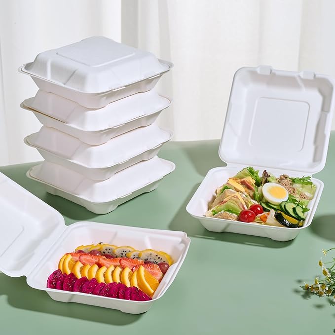 JOLLY CHEF Clamshell Take Out Food Containers, [8 * 8" 50-Pack] To Go Containers Disposable, Sugarcane To Go Box for Thanksgiving, Salad,Lunch