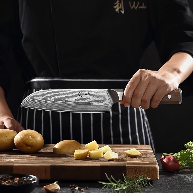 Wakoli HIK Damascus Santoku Knife – Full Tang Multipurpose Kitchen Knife | 7-Inch Blade Made of 67-Layer Damascus Steel with VG10 Core | Walnut Wood Handle | Sharp, Durable, Gift Box Included