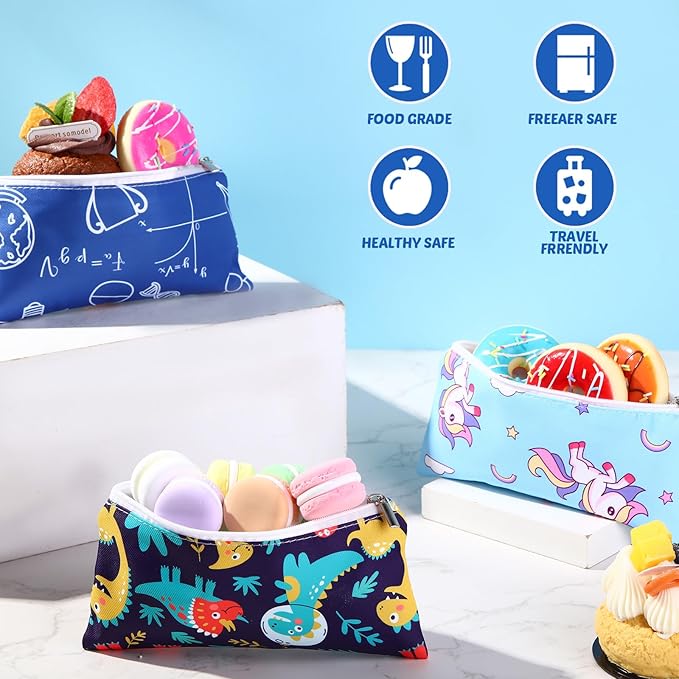 Chumia 6 Pcs Reusable Snack Bags Christmas Gifts Food Safety Washable Snack Bags Lunch with Zipper Portable Sandwich Bag Food Storage Pouch Double Layer(Unicorn,6.9 x 3.7 Inches)