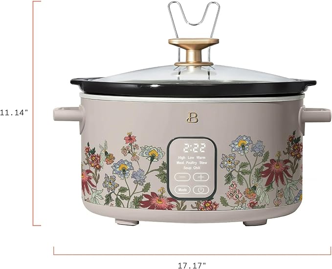 Beautiful 6 Qt Programmable Slow Cooker with Touch Control, Digital Timer and Keep Warm Function – Large Electric pot Capacity Kitchen Appliance by Drew-Barrymore (Wildflower Taupe)