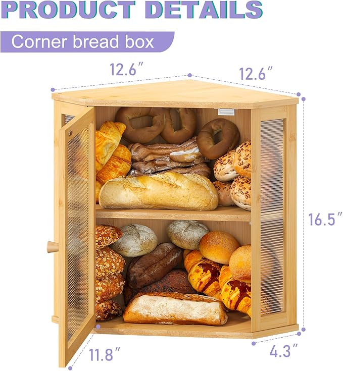 Corner Bread box for Kitchen Countertop,Farmhouse Bread Box with Acrylic Wavy Door Panel,Large Bread box for kitchen countertop,Kitchen Countertop Food Storage Container (Natural, Extra Large)