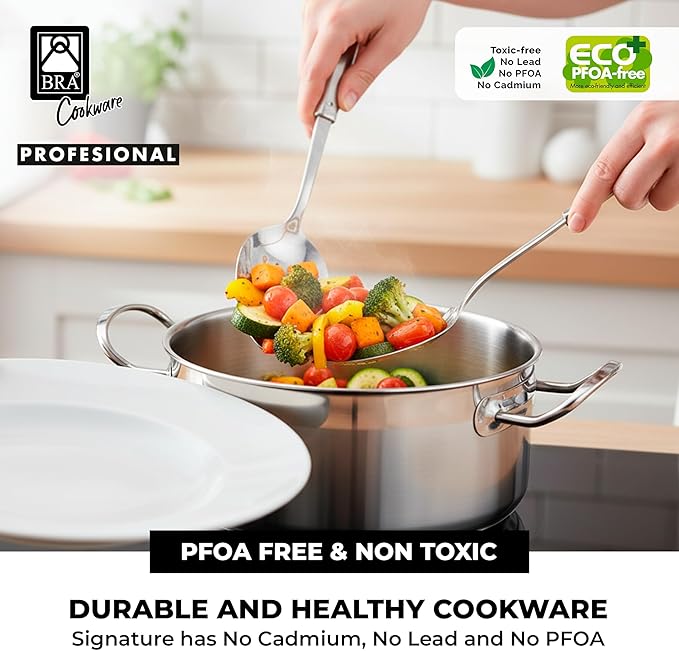 BRA COOKWARE Profesional 18/10 Stainless Steel Stock Pot w/Glass Lid | 9.5 Inch 4 Quart Professional Cooking Pot | 5.5mm Thick Base | PFOA Free Deep Pot | All Cooktops | All Cooktops & Oven Safe