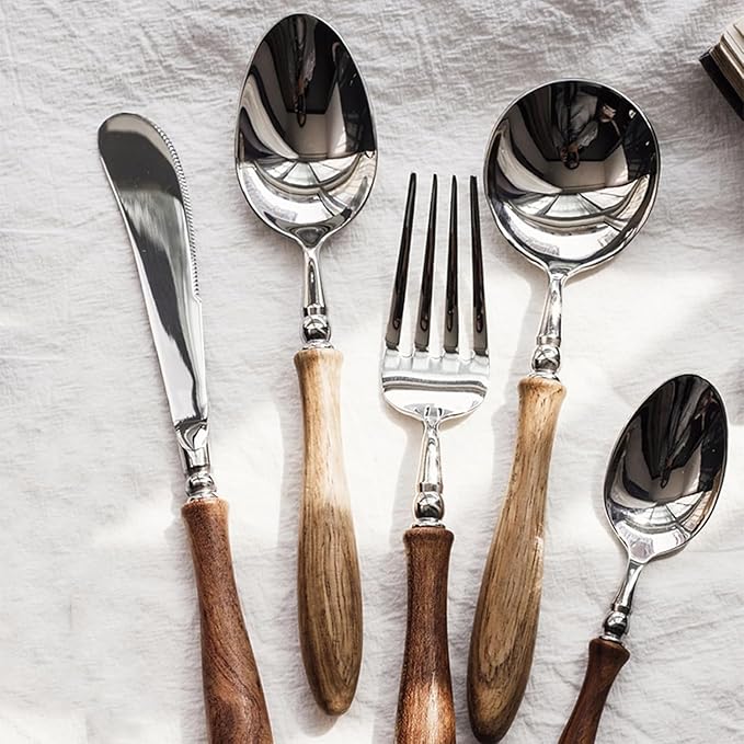 30 Piece Silverware Set Service for 6,Premium Wooden Handle Stainless Steel Flatware Set Home Include Fork Knife Spoon Set Gift Package for Christmas and Thanksgiving（Light Brown）